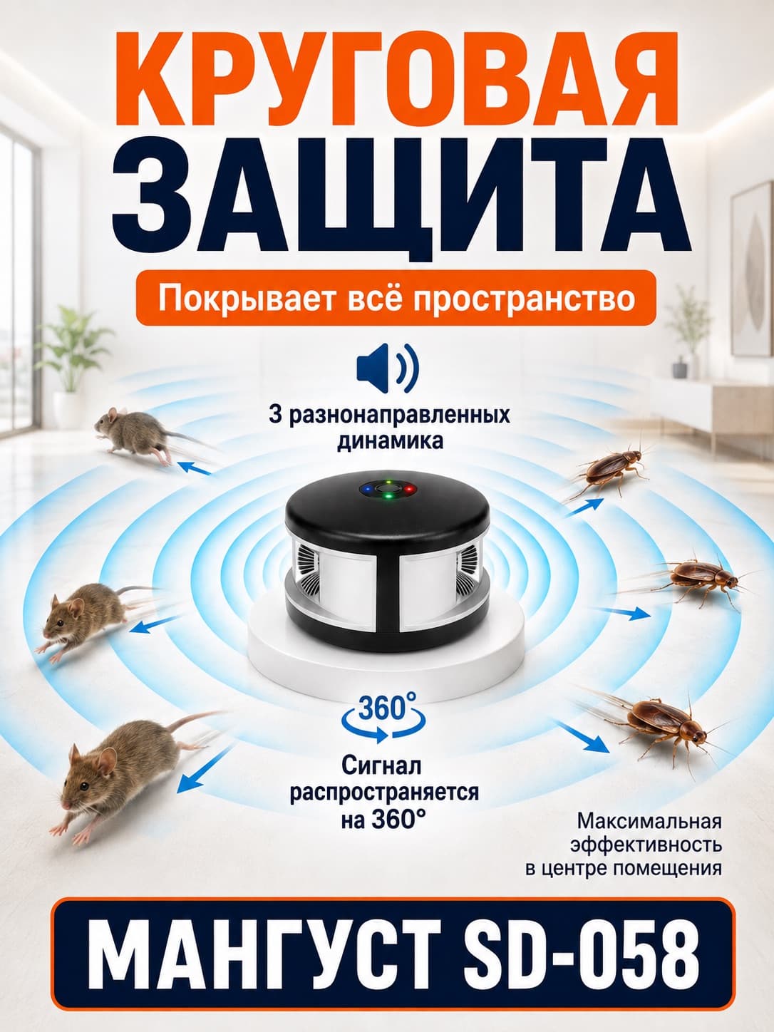 Мангуст SD-058 - отпугиватель грызунов, крыс и мышей (ультразвук + электромагнитные волны)