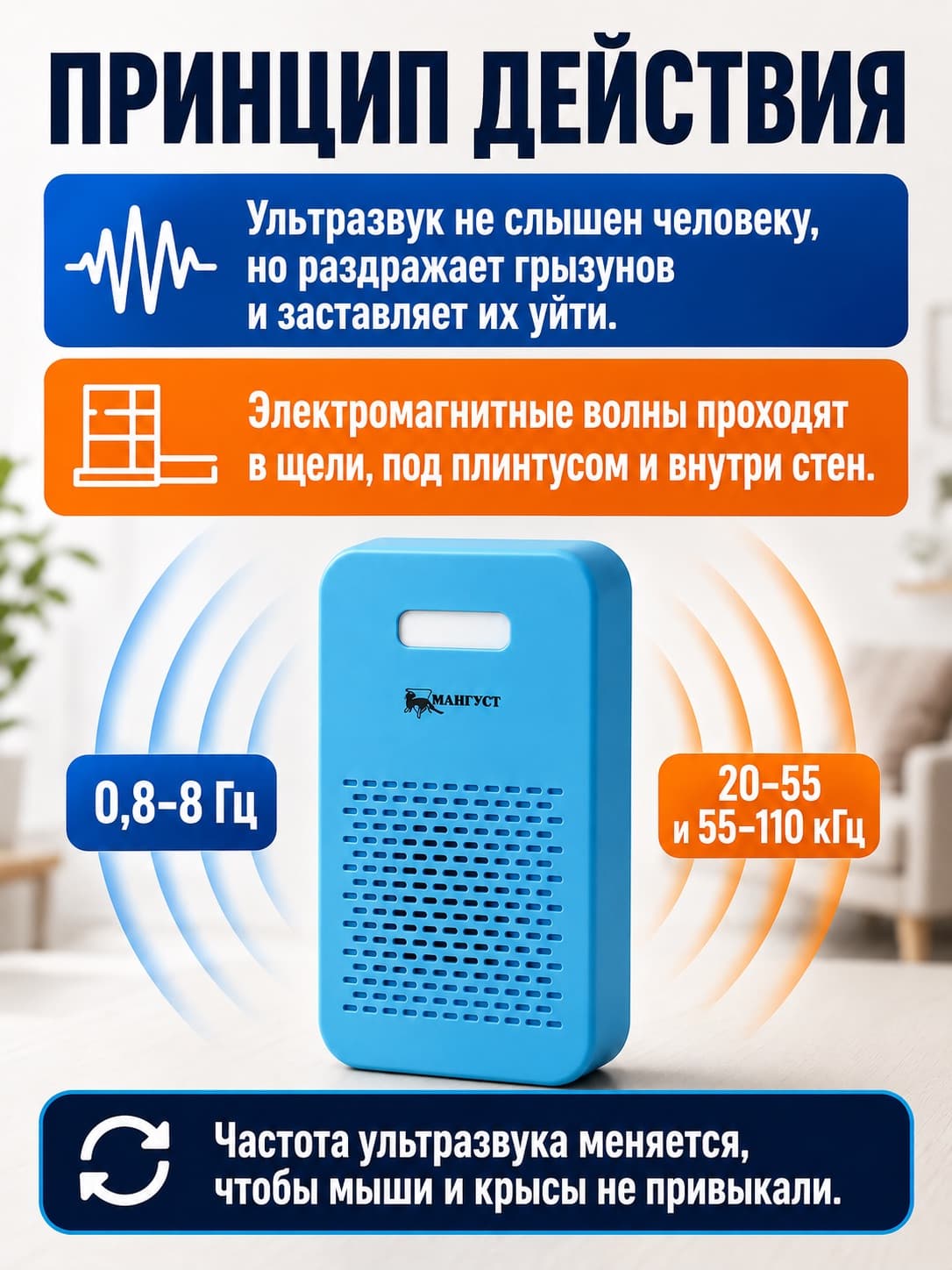 Мангуст SD-049 - ультразвуковой и электромагнитный отпугиватель грызунов, мышей и крыс