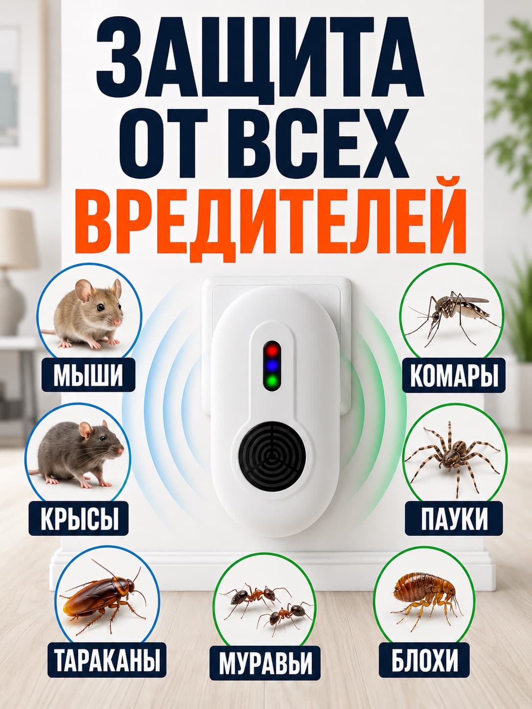 Электромагнитный и ультразвуковой отпугиватель мышей, крыс и насекомых Мангуст SD-042
