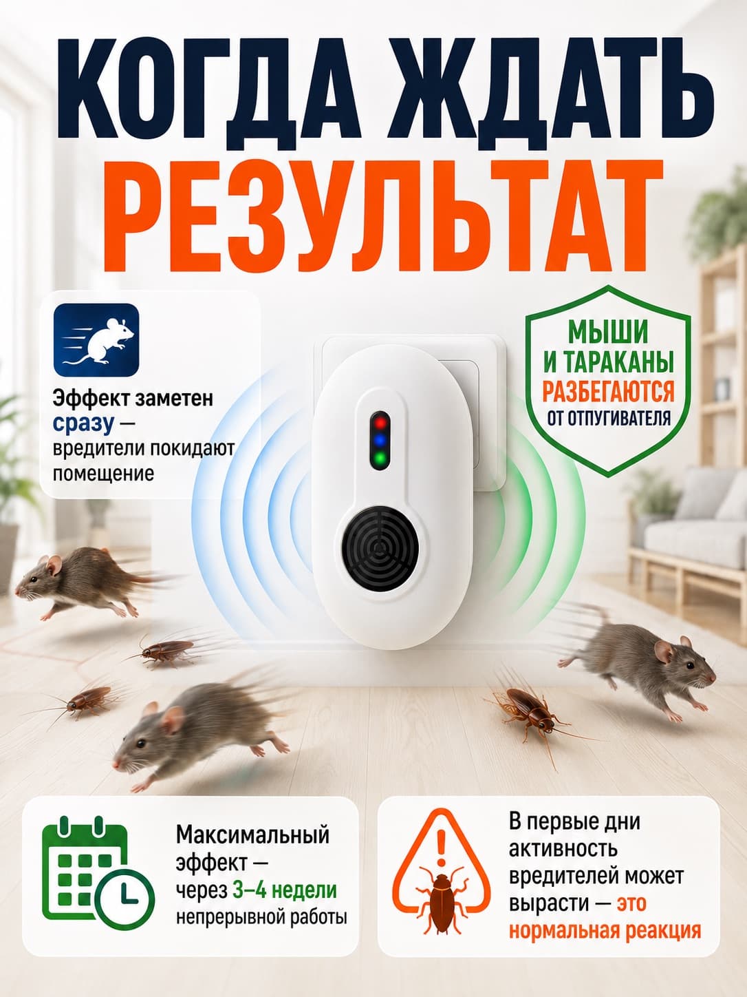 Электромагнитный и ультразвуковой отпугиватель мышей, крыс и насекомых Мангуст SD-042