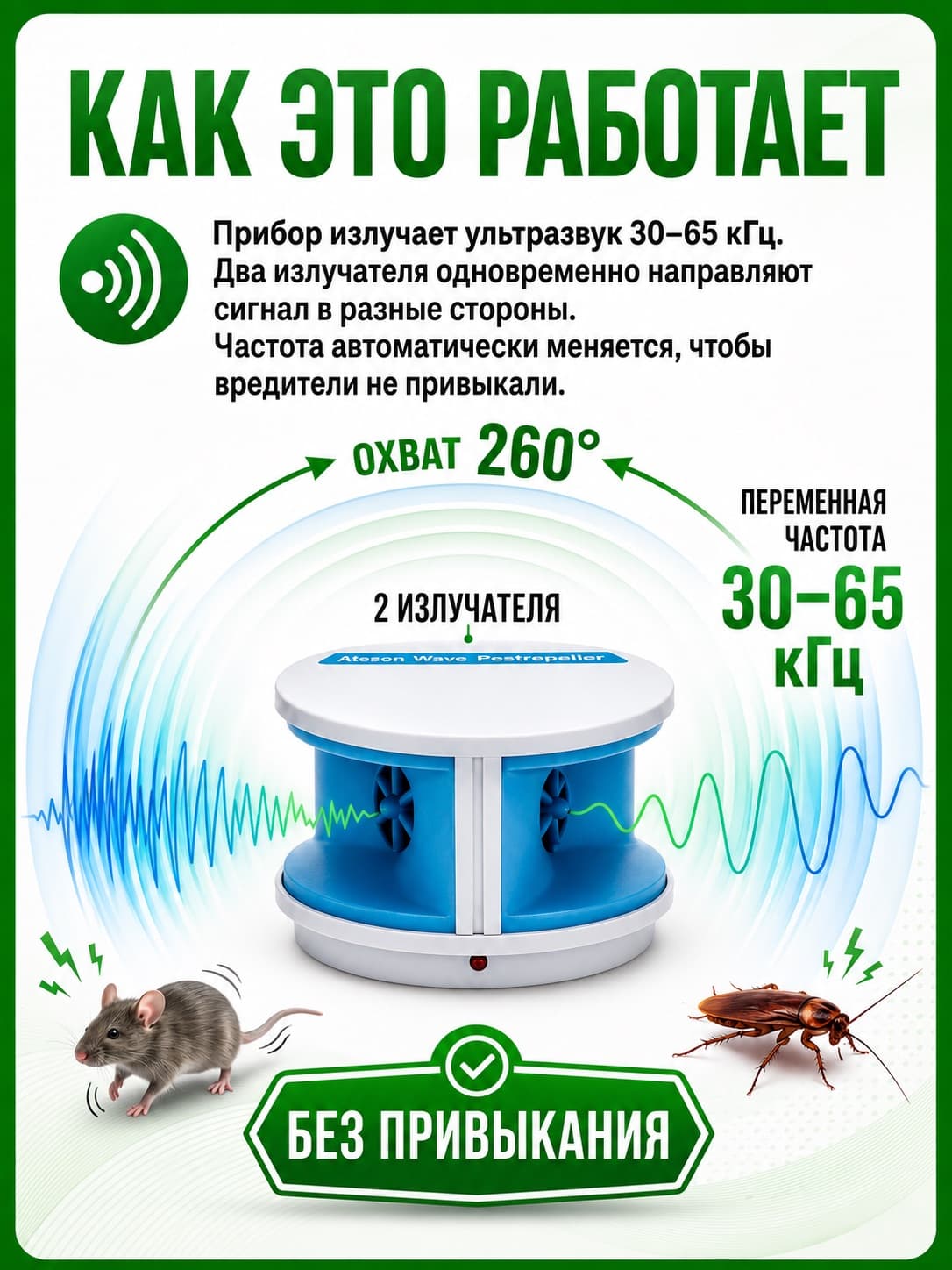 Ультразвуковой отпугиватель крыс, мышей и тараканов ЭкоСнайпер LS-927