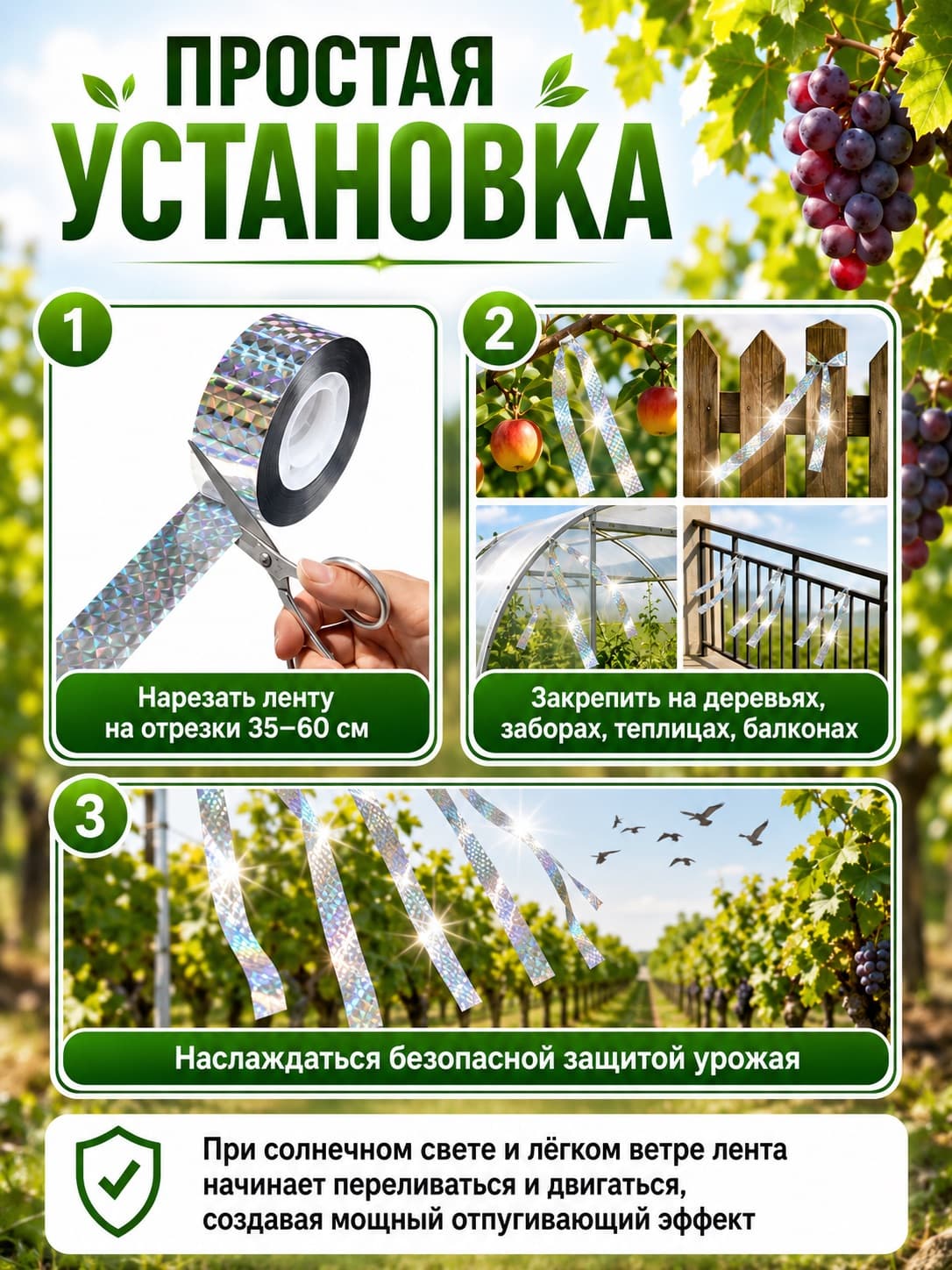 Радужная светоотражающая лента для отпугивания птиц, 100 м × 2,5 см