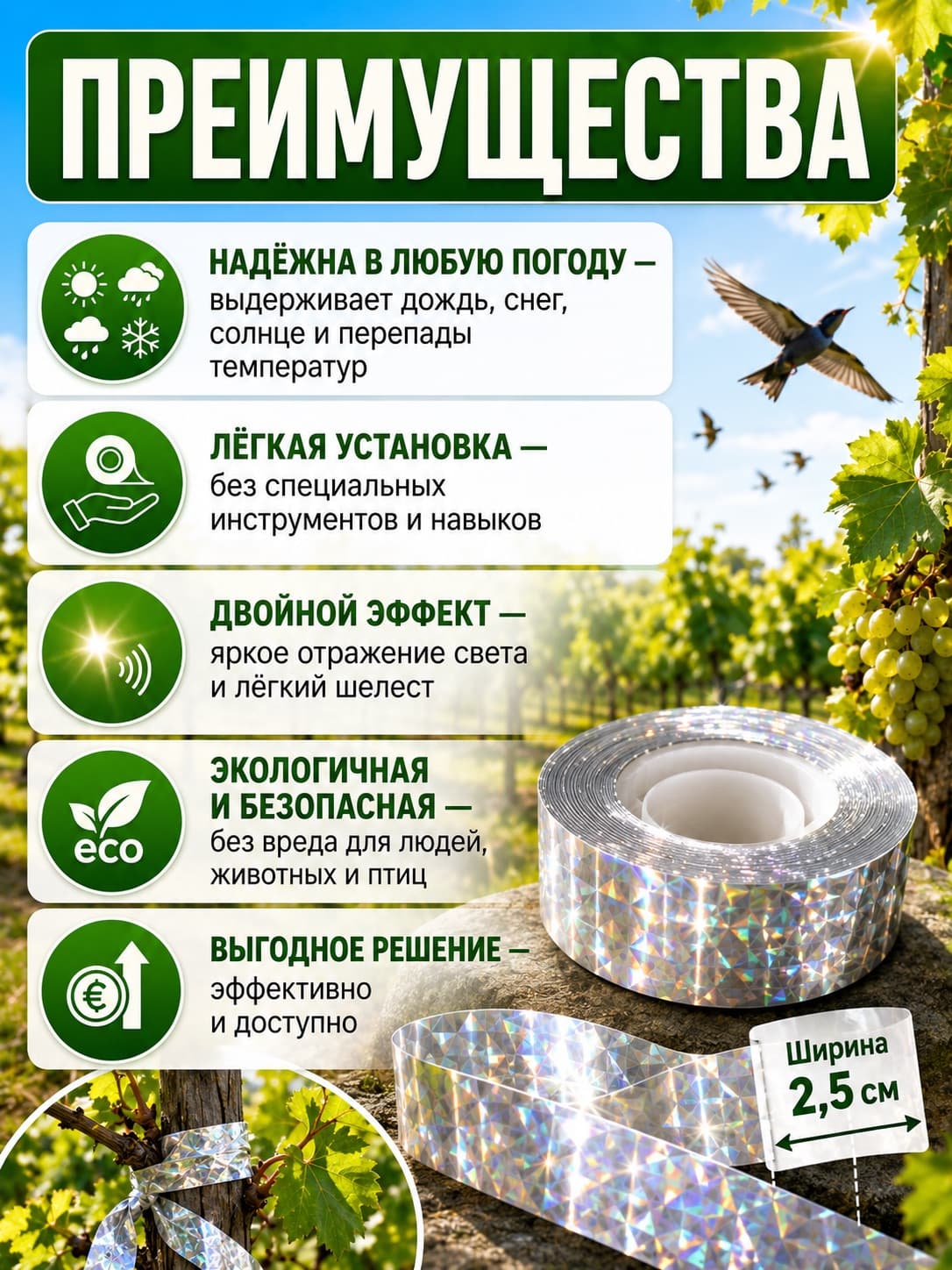 Радужная светоотражающая лента для отпугивания птиц, 100 м × 2,5 см