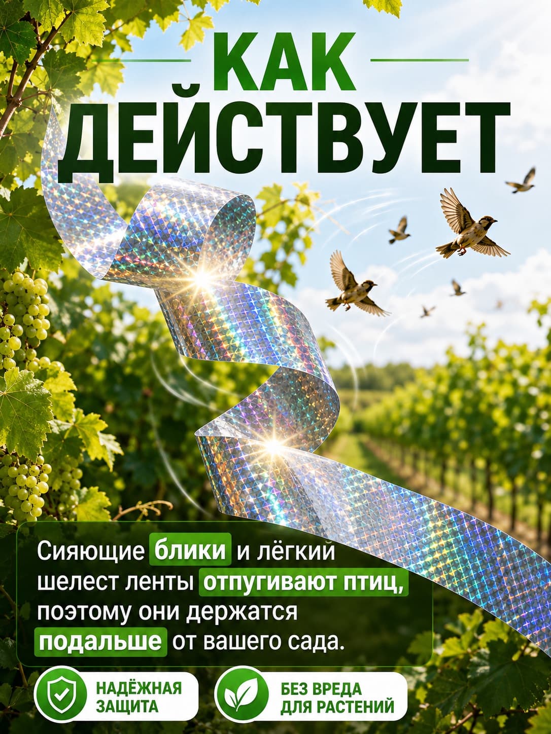 Лента от птиц Sititek 100 м 5 см светоотражающая